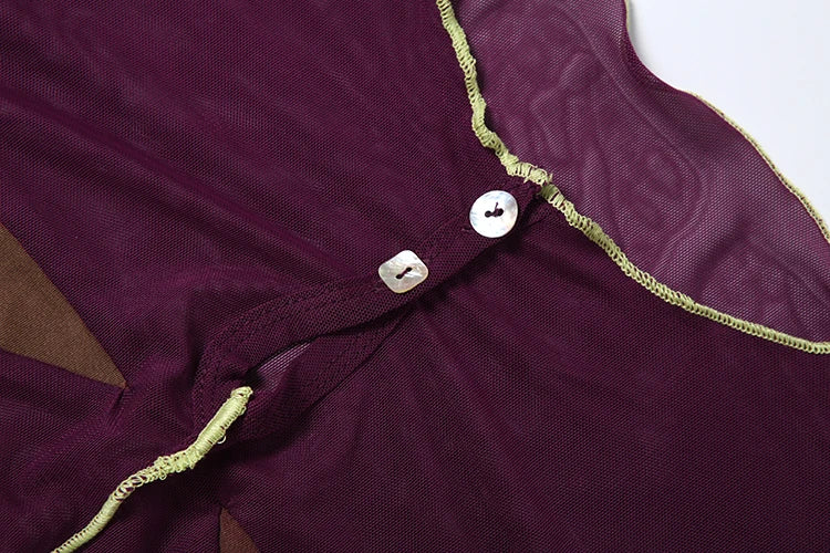 Sexy Mesh Patchwork Button o-Neck Mini Sleeve Top