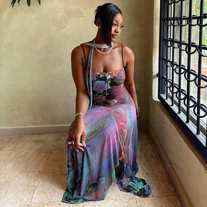 Floral Halter Maxi Set With Backless Design
