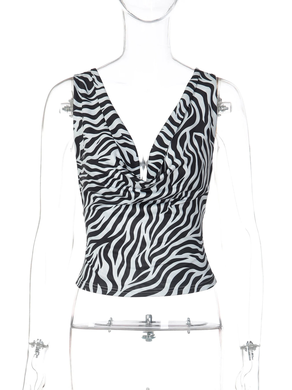 Zebra Print V Neck Backless Ruched Crop Tank Top