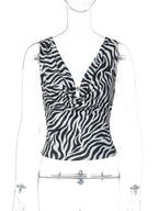 Zebra Print V Neck Backless Ruched Crop Tank Top