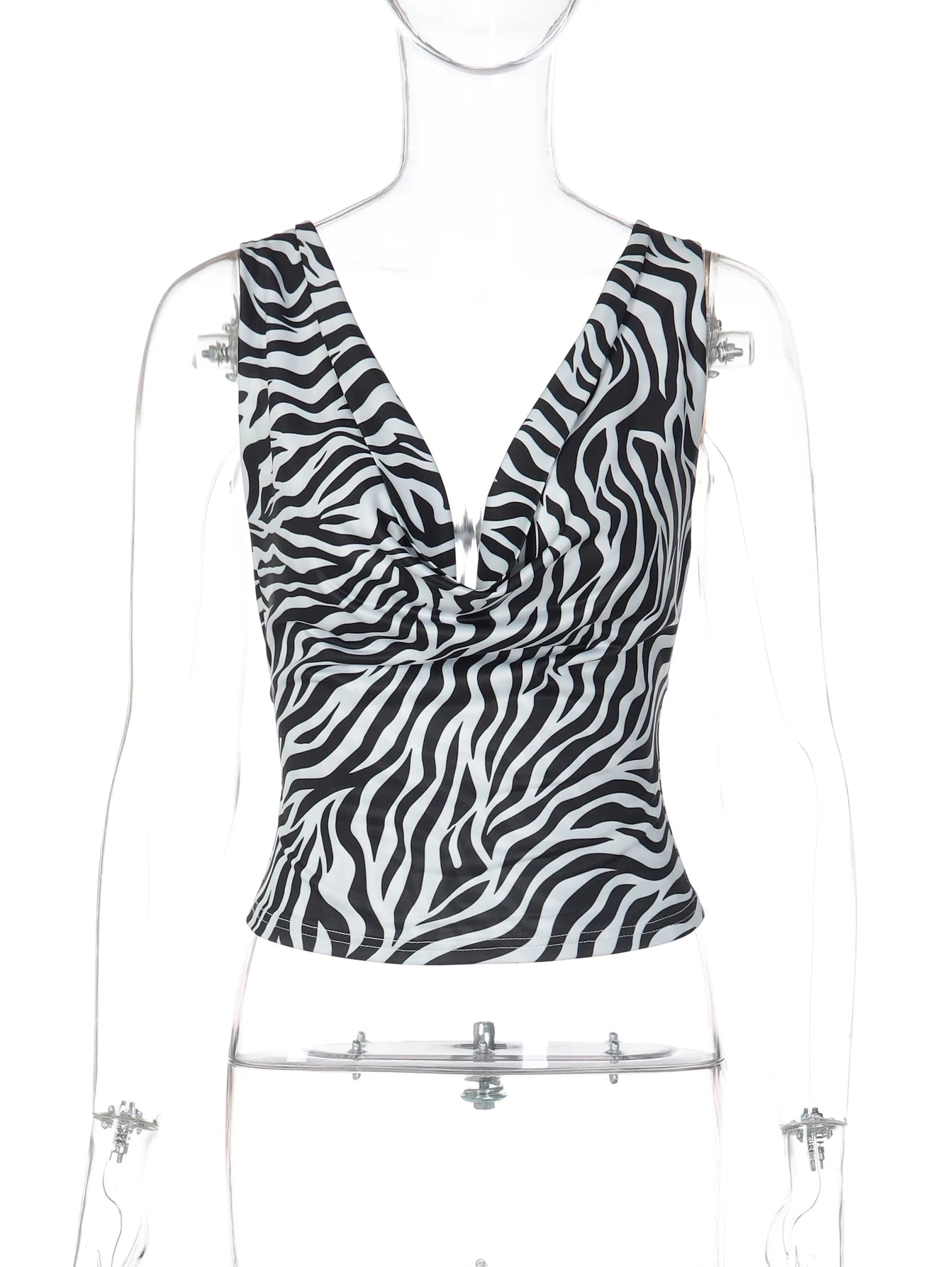 Zebra Print V Neck Backless Ruched Crop Tank Top