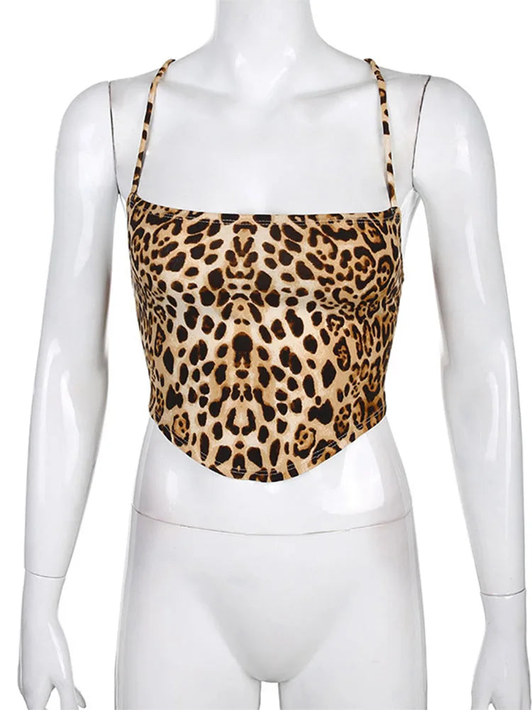 Leopard Print Backless Lace Up Bralette Crop Top