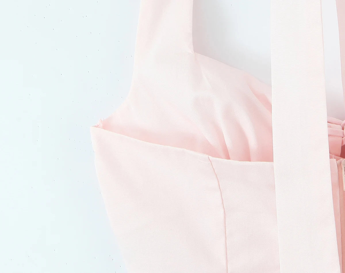 Pink Embroidered Floral Halter Corset Camisole With Ruched Chest Bow And Cross Lacing