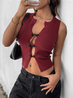 Red Sleeveless Hollowed Out Crop Tank Top With Frog Button Detail