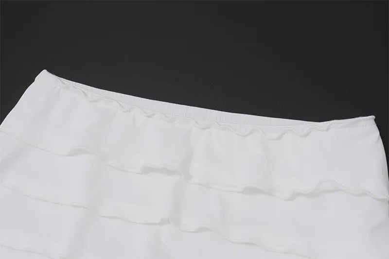 Elegant White Coords Set With Ruffled Trim Skirt And Long Sleeve Top