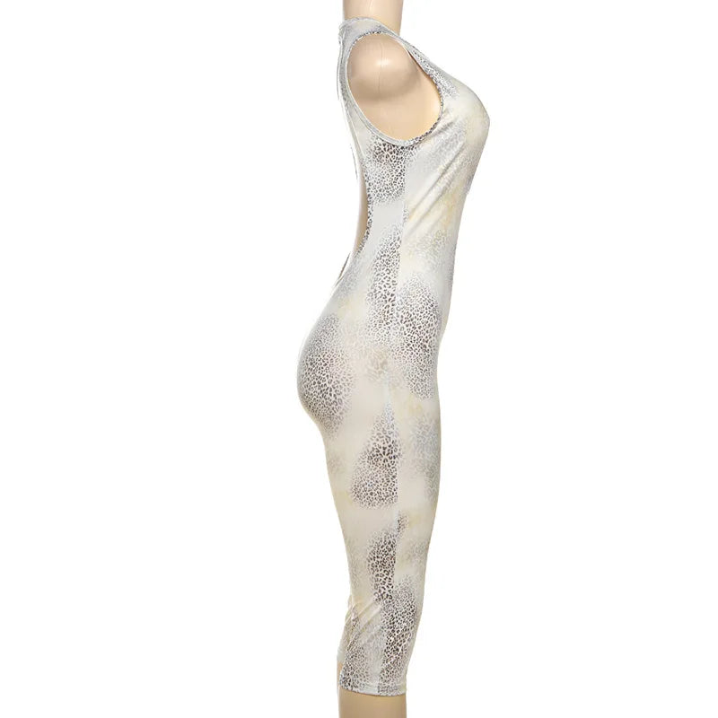 Leopard Print Hollow Out One Piece Romper With Backless Detail Sleeveless O Neck