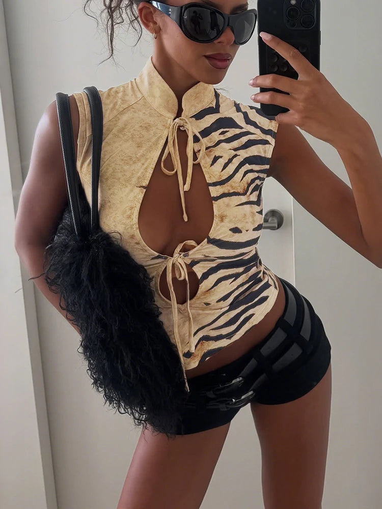 Tiger Print Top With Standing Collar And Tassel Details