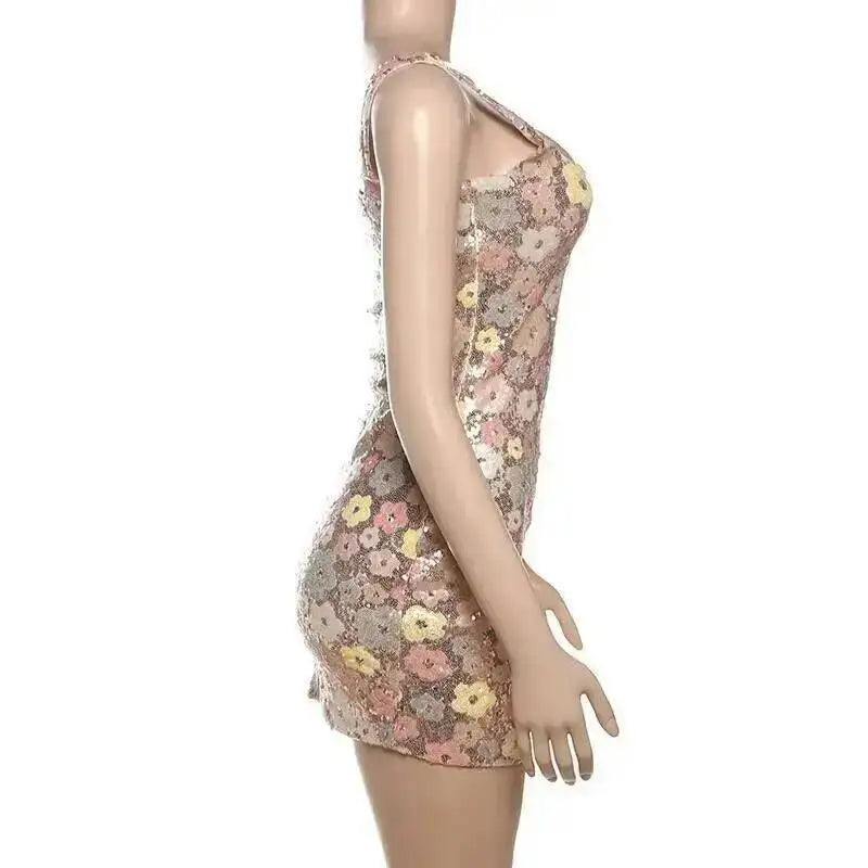 Floral Sequin Mini Dress With Spaghetti Straps