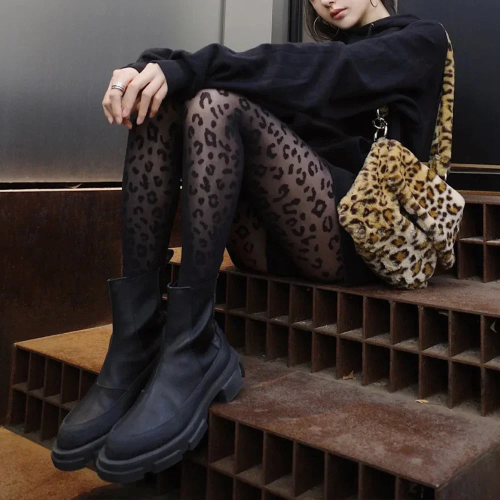 Leopard Pattern Sheer Pantyhose In Gothic Black Silky Finish Vintage Look Stockings