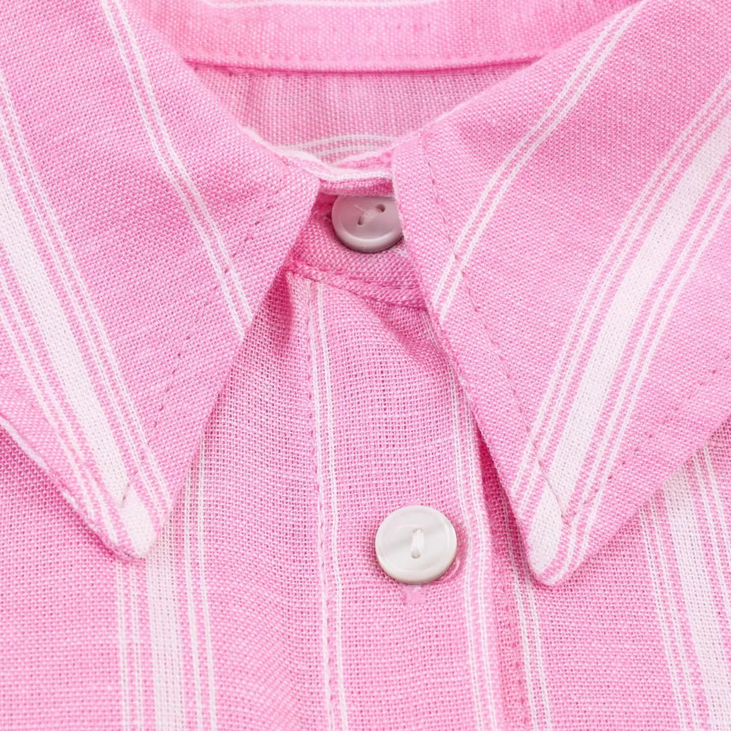 Pink Stripe Shirt Set With Pleated Long Skirt Elegant Two Piece Suit