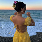 Vibrant Lace Up Back A Line Dress With Short Sleeves
