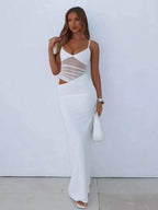 Backless Hollow Mesh Spaghetti Strap Gown Elegant Long Evening Dress