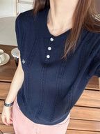 Sweet Bow Embroidered Knitted Polo Shirt For Women Short Sleeve