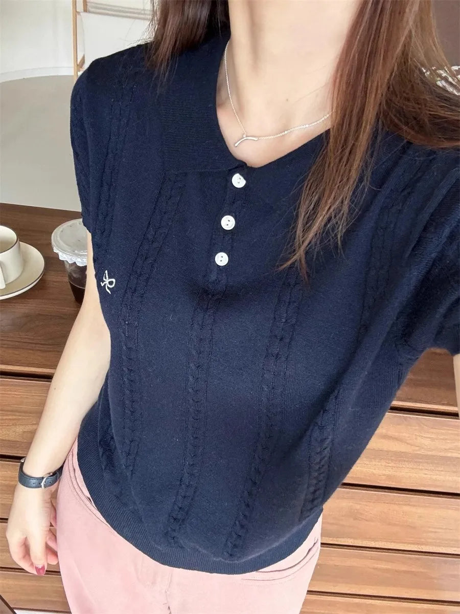Sweet Bow Embroidered Knitted Polo Shirt For Women Short Sleeve