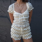 Vintage Ruffled Loungewear Set With Dot Print Top And Shorts Cozy Scoop Neck