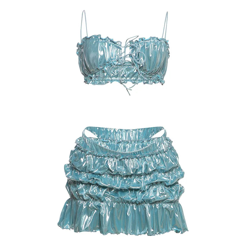 Fashion Metallic Shiny Women Ruched Crop Tops+Mini Skirts+Panties 3 Piece Outfits