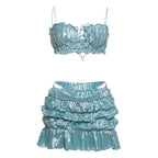 Fashion Metallic Shiny Women Ruched Crop Tops+Mini Skirts+Panties 3 Piece Outfits