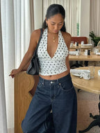 Polka Dot Halter Tank Top With Backless Lace Up Detail Chic Summer