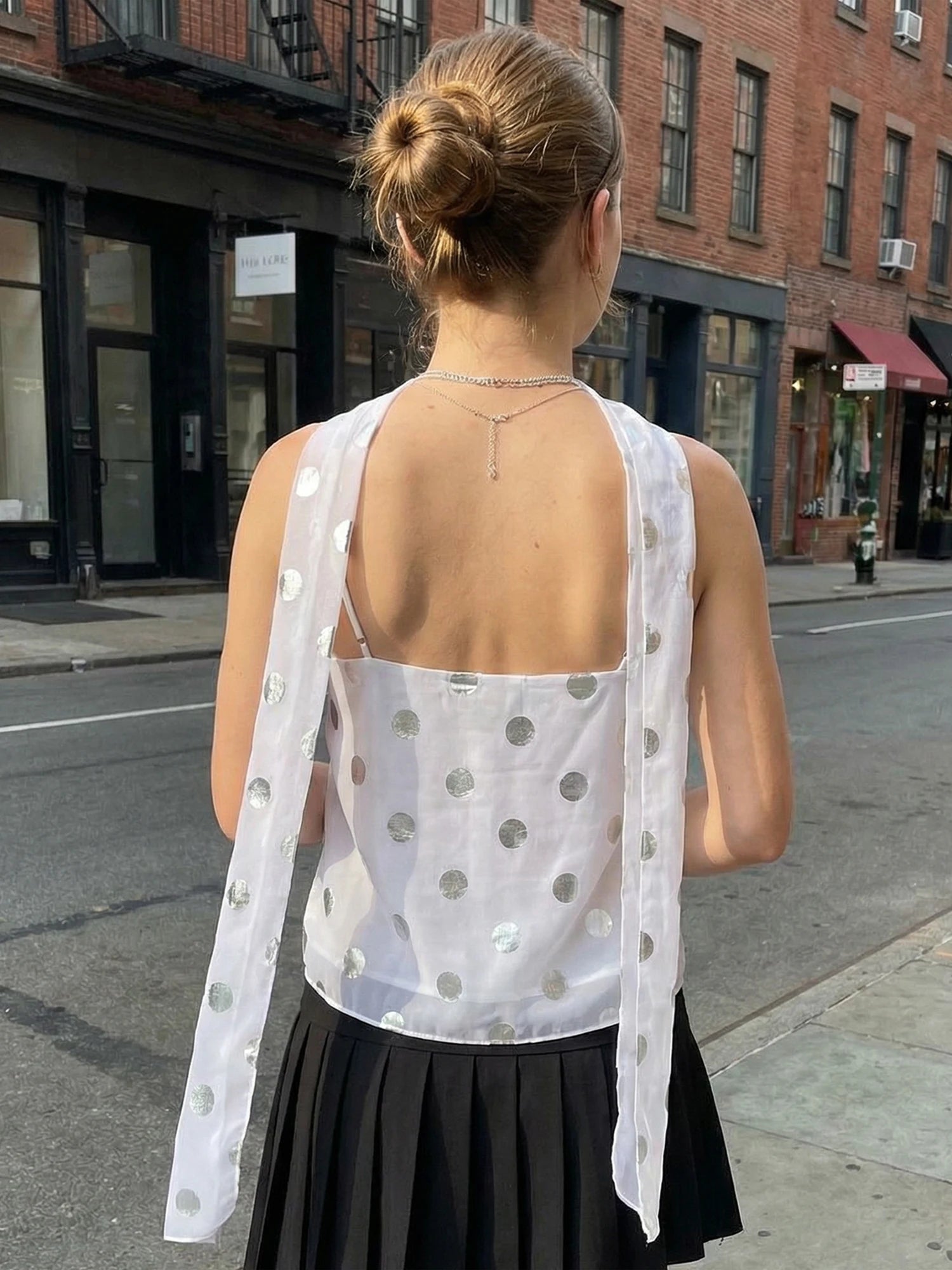 Shiny Sequins Polka Dot Camisole Backless Round Neck Top With Scarf