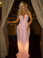 Backless Mesh Beach Dress With Halter Chain Deep V Ruched