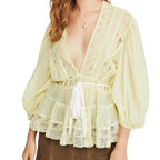 Bow Tie Front Blouse With Long Puff Sleeves V Neck Babydoll Peplum Ruffle Pleats