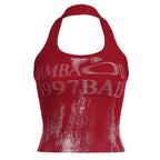 Retro Choker Vest Crop Top In Red With Open Back Knit Tank Style