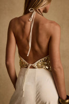 Backless Halter Sequin Crop Top Sparkly Sleeveless Glitter Camisole