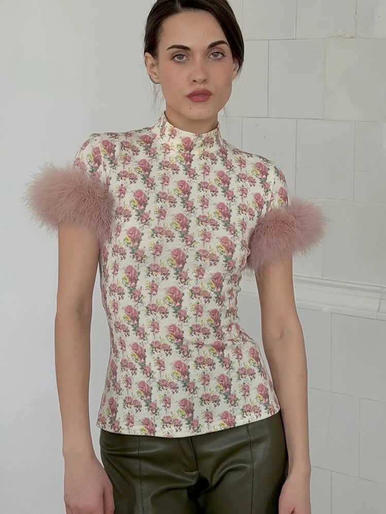 Patchwork Feather Sleeve Turtleneck Top Short Sleeve Tee