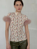 Patchwork Feather Sleeve Turtleneck Top Short Sleeve Tee