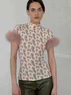 Patchwork Feather Sleeve Turtleneck Top Short Sleeve Tee