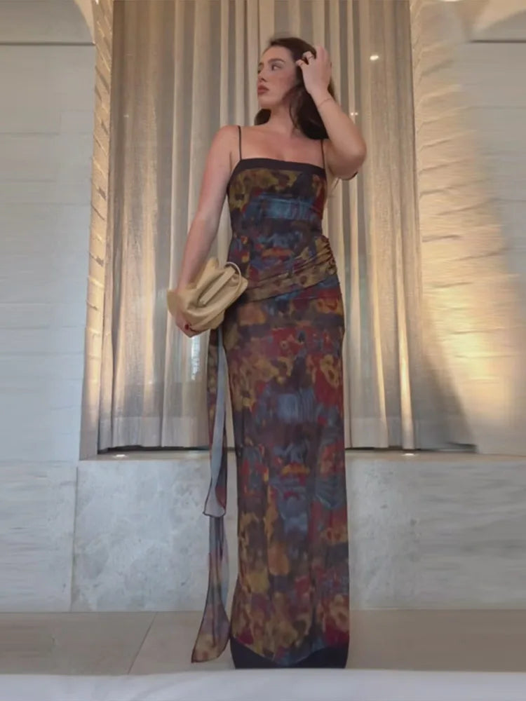 Dreamy Tie Dye Maxi Dress With Spaghetti Straps And Ruched Waist Sash Accent Breezy Vintage Style