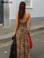 Leopard Print Spaghetti Strap Backless Dress With Ruffle Hem