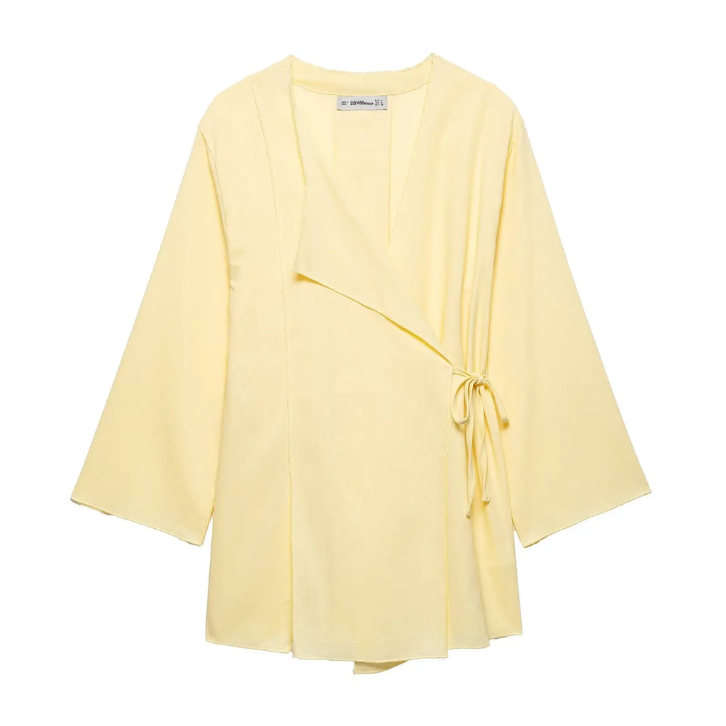 Breezy Linen Kimono Two-piece Set With Lace Up Top And Wide Leg Pants