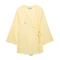 Breezy Linen Kimono Two-piece Set With Lace Up Top And Wide Leg Pants