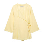 Breezy Linen Kimono Two-piece Set With Lace Up Top And Wide Leg Pants