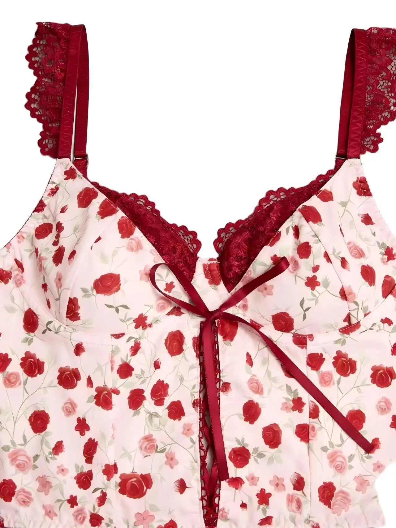 Women's Sweet Rose Floral Print Corset Top Lace Strap Bow Detail Bustier Crop Y2K Fashion Top