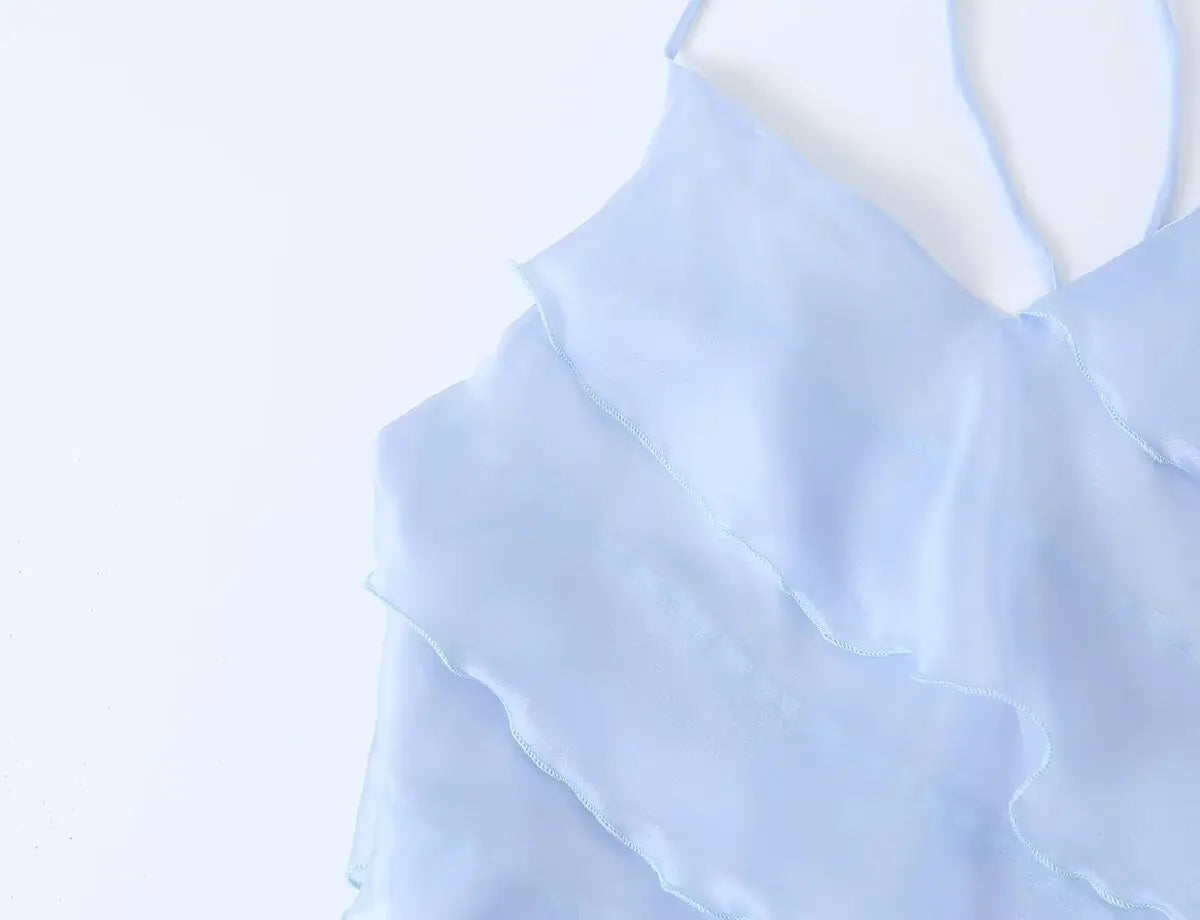 Dreamy Light Blue Halter Backless Mini Dress With Tiered Ruffle Accents