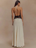 Backless Maxi Gown With Patchwork Lace Halter Neck Deep V And High Waist Elegance
