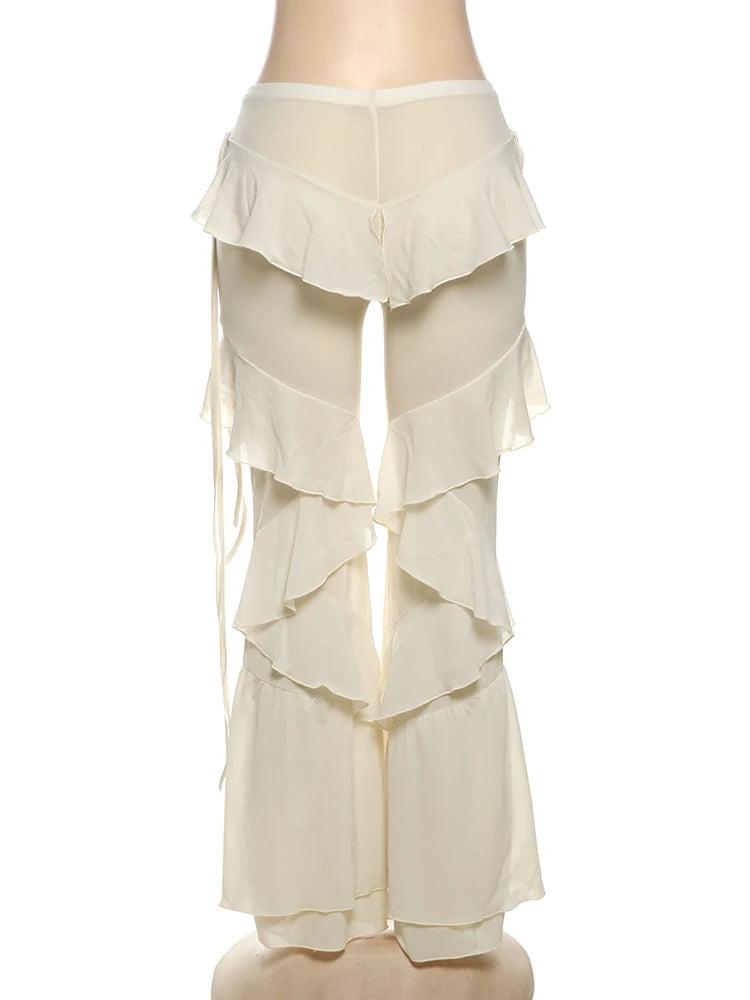 Irregular Tiered Flare Pants With Patchwork See Through