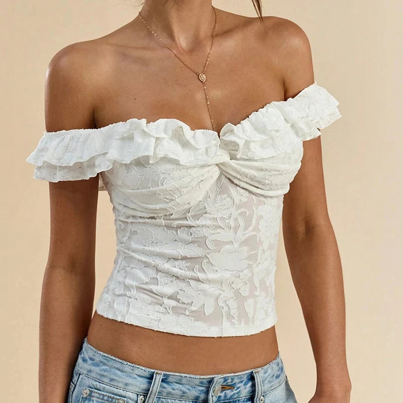 Flirty Sheer Lace Crop Top With Ruffle Trim Off Shoulder Twist