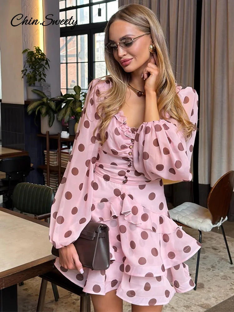 Polka Dot Pink Ruffle Sleeve S Line Dress For Women Elegant Gown