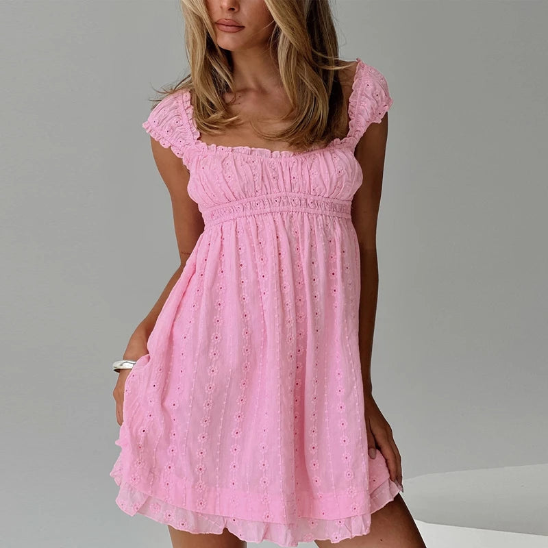Backless Babydoll Dress With Jacquard Eyelet Lace Square Neck Frill Bust High Waist A Line Sundress