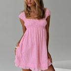 Backless Babydoll Dress With Jacquard Eyelet Lace Square Neck Frill Bust High Waist A Line Sundress