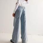 Denim Pull-On Jeans With High Waist Baggy Straight Leg Stretchy Full Length Trousers Nineties Inspired Streetwear