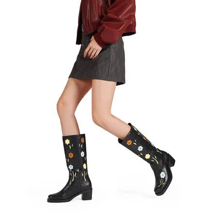 Floral Embroidered Block Heel Boots