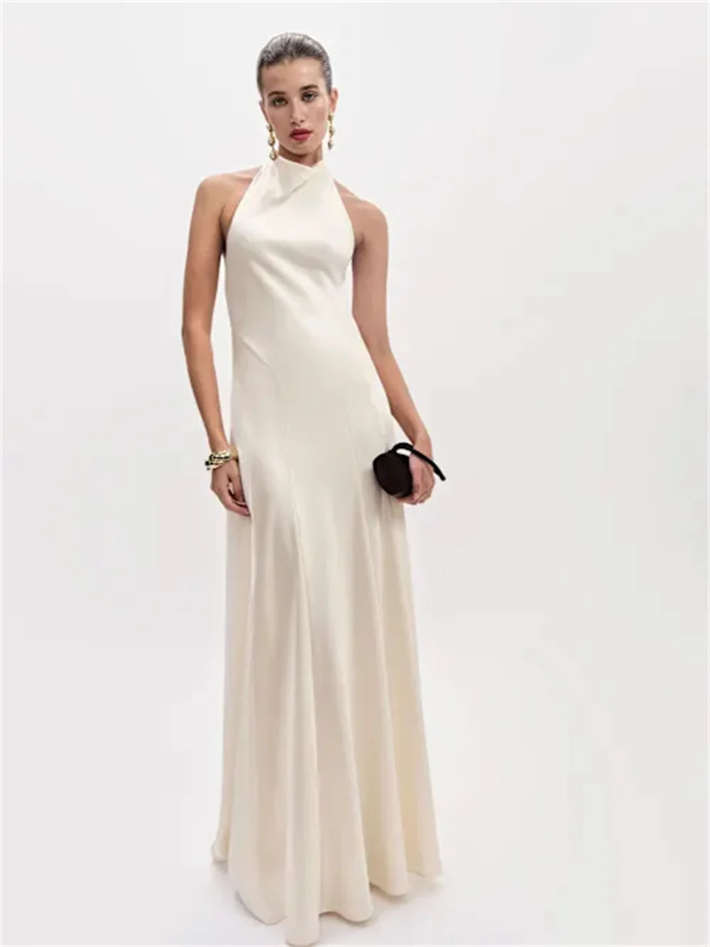White Satin Halter Neck Gown With Backless Design Floor Length Dress