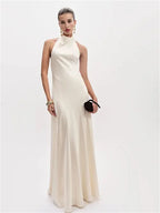 White Satin Halter Neck Gown With Backless Design Floor Length Dress