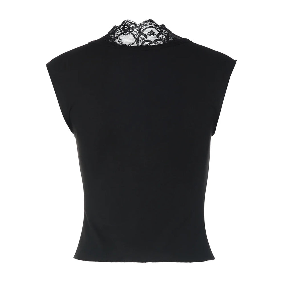 Flirty Lace Sheer V Neck Sleeveless Crop Top With Button Front Slim Fit
