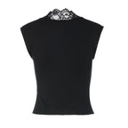 Flirty Lace Sheer V Neck Sleeveless Crop Top With Button Front Slim Fit