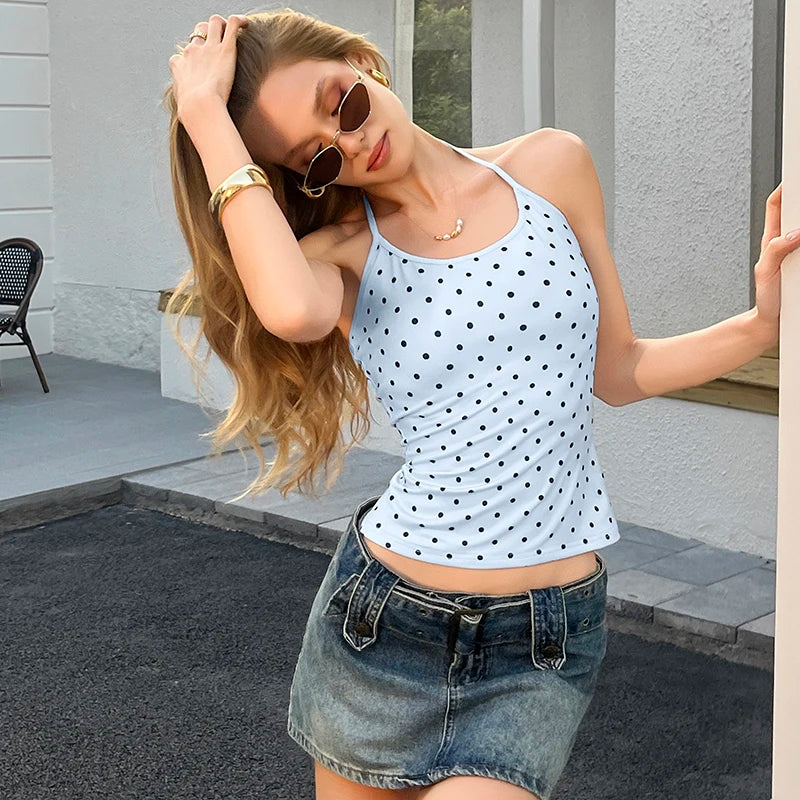 Polka Dot Halter Backless Crop Cami